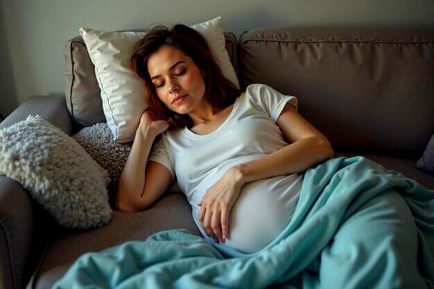 Femme enceinte allongée sur un canapé ne trouvant pas le sommeil