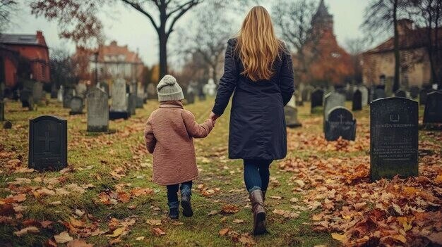 Mère avec son enfant marchent dans un cimetière