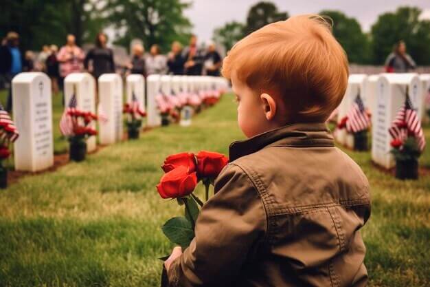Petit enfant tient une fleur dans un cimetière