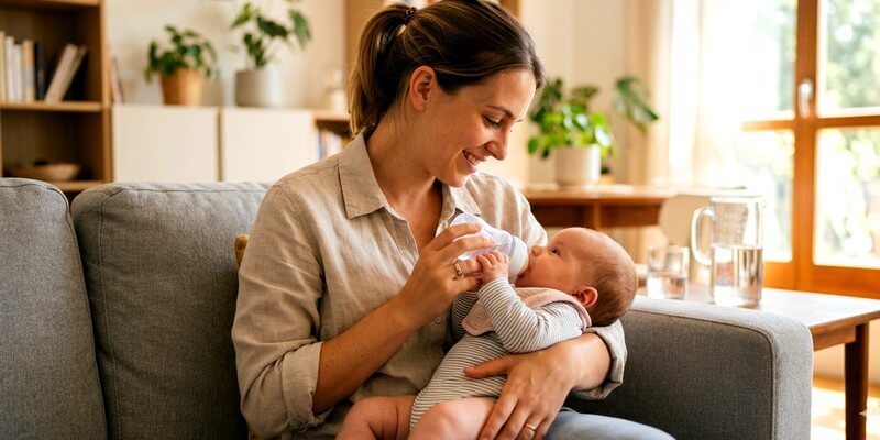 Maman qui donne de l'eau en biberon à son bébé