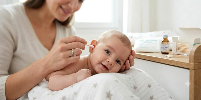 Jeune maman qui nettoie les oreilles d'un bébé