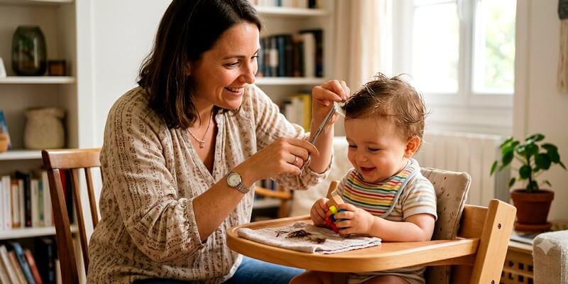 Maman qui coupe les cheveux d'un bébé